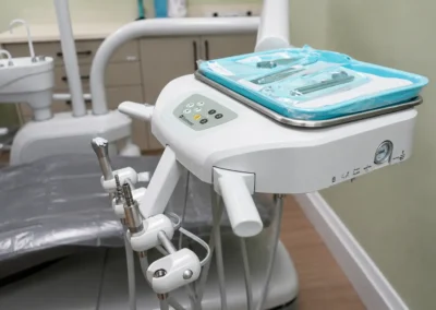 Revive Dental Clinic Dental Machinery at Revive Dental Mississauga featuring a dental delivery unit with handpiece holders, control panel, instrument tray, and packaged dental tools.