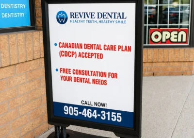 Revive Dental Clinic Standy outside Revive Dental Mississauga displaying Canadian Dental Care Plan acceptance and free dental consultation information.