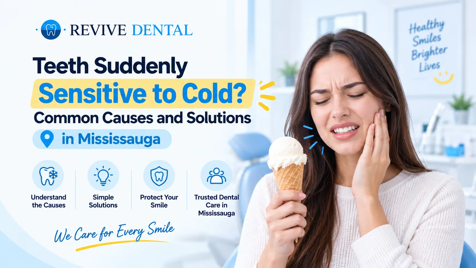 Teeth Suddenly Sensitive to Cold? Common Causes and Solutions in Mississauga, featuring cold-related tooth sensitivity and dental care guidance from Revive Dental Mississauga.